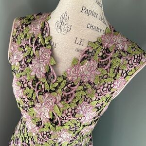 Floral Appliqué Lace Midi Dress in Pink and Green